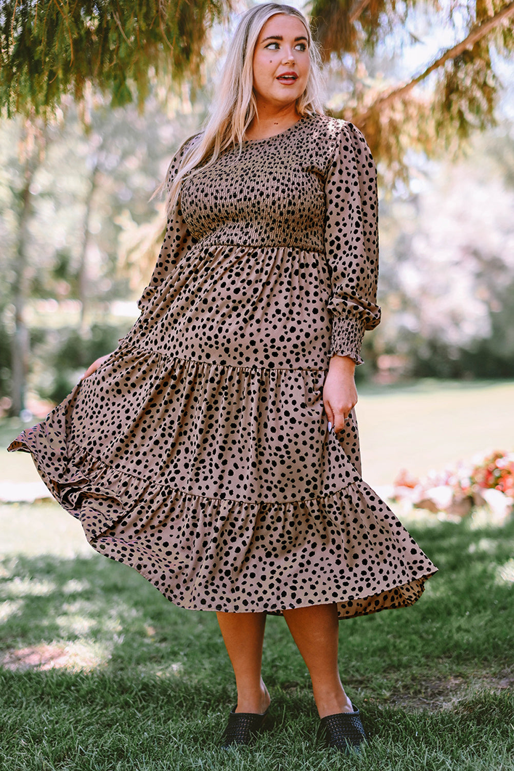 Plus Size Animal Print Smocked Tiered Dress