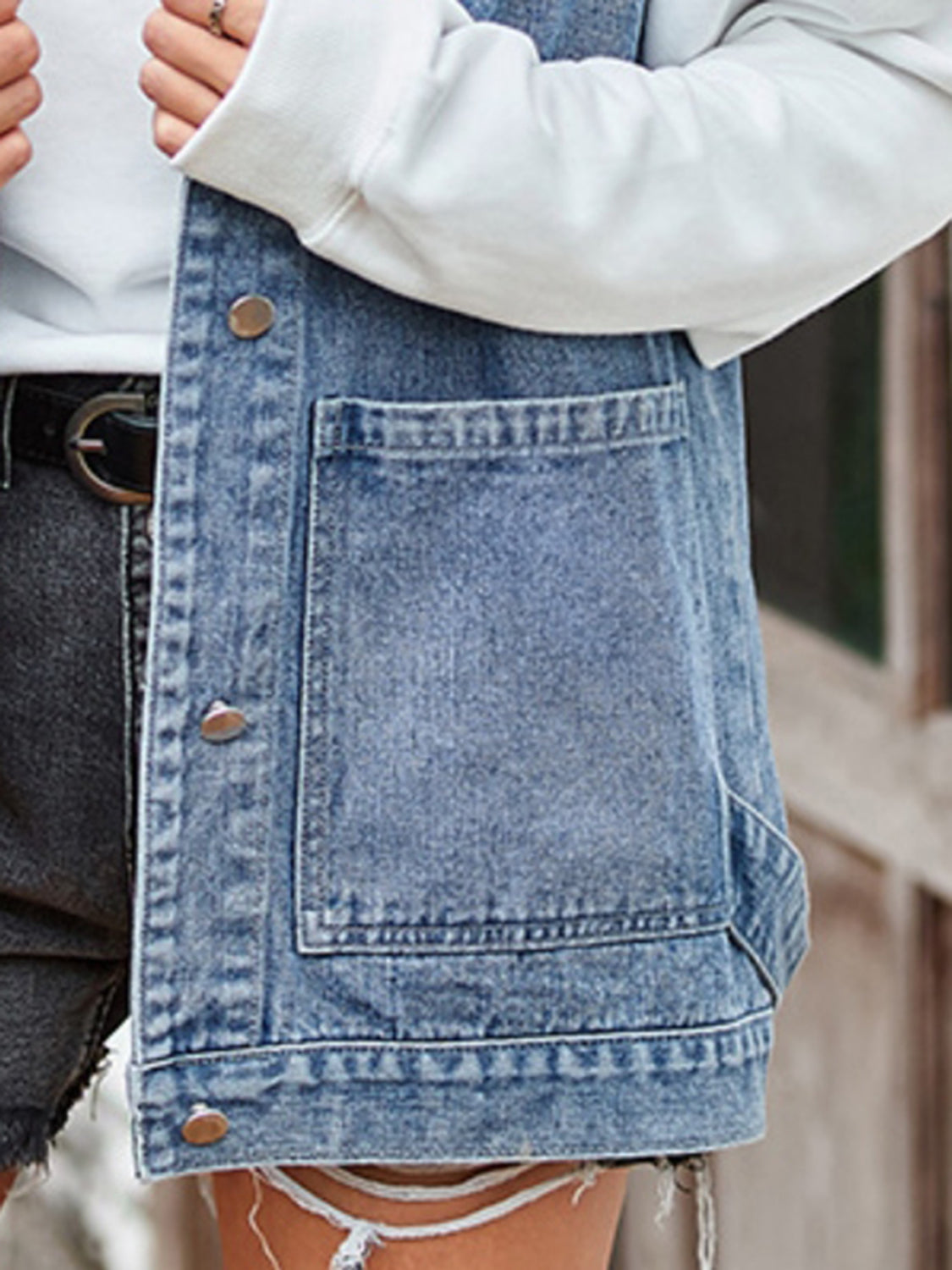 Button Up Sleeveless Denim Jacket with Pockets