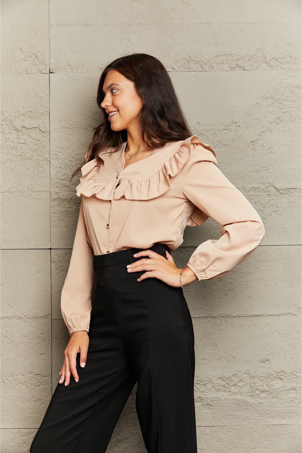 V-Neck Ruffled Button Down Shirt