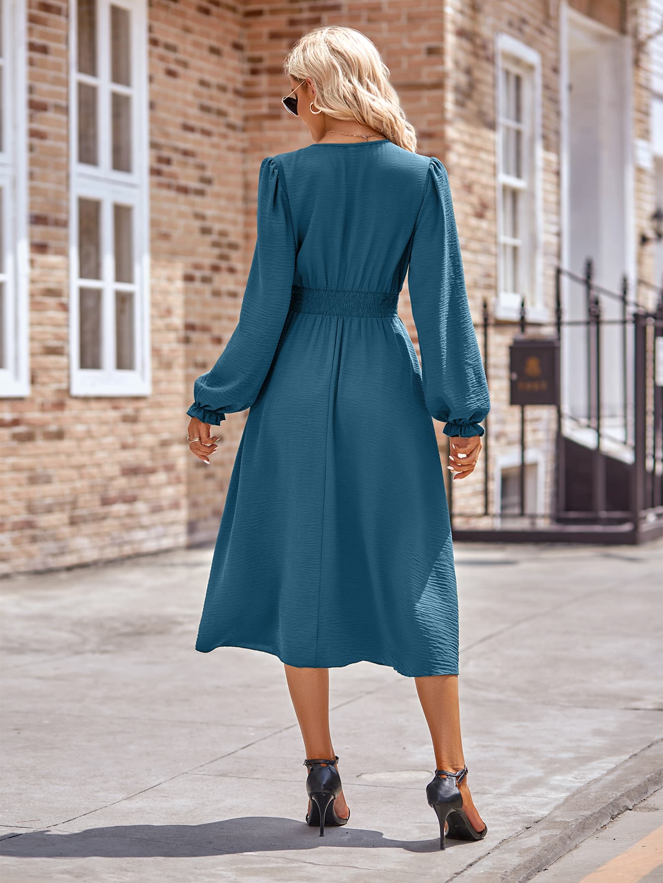 Buttoned V-Neck Flounce Sleeve Midi Dress