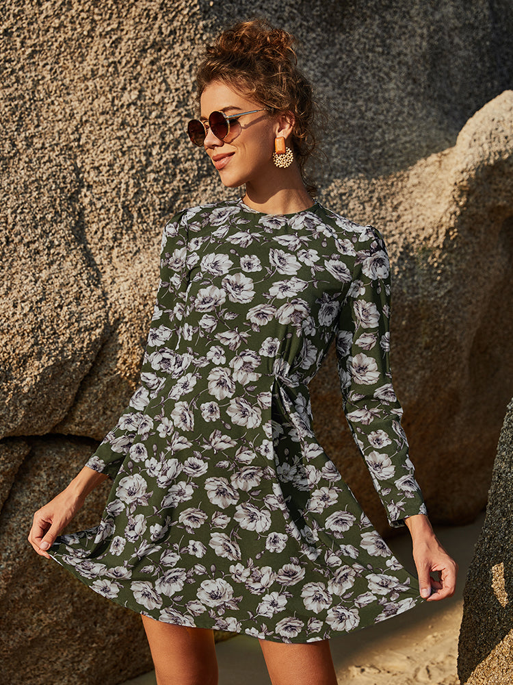 Floral Round Neck Puff Sleeve Mini Dress