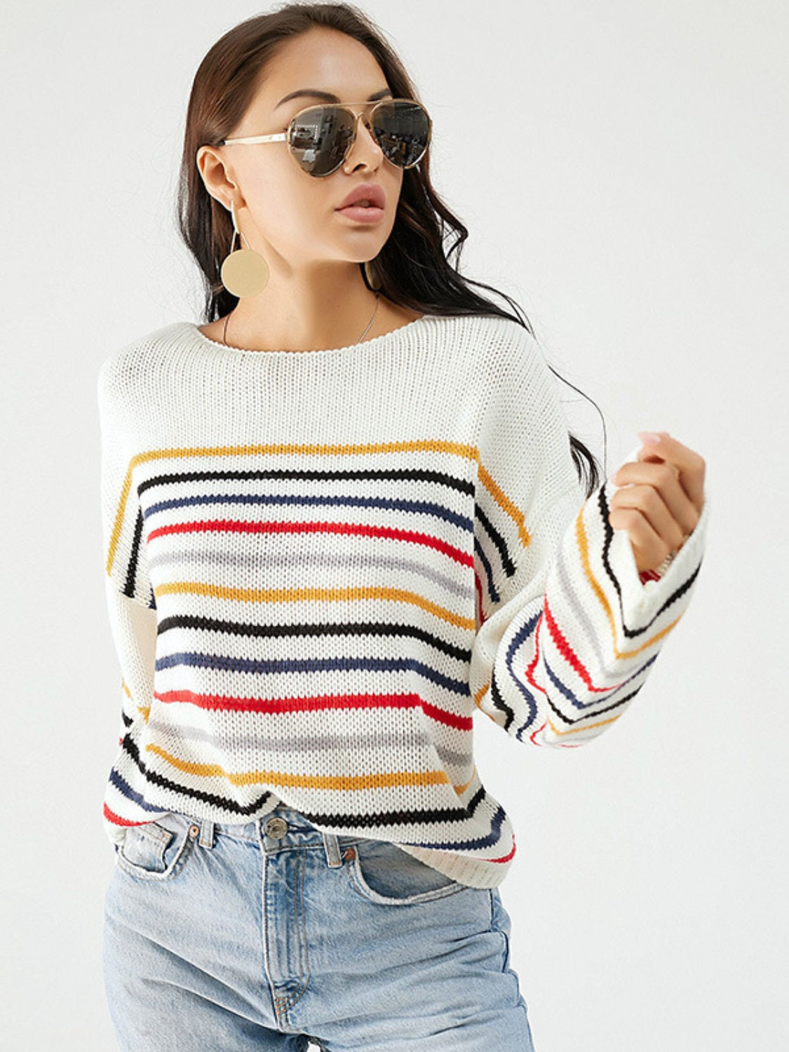 Striped Round Neck Dropped Shoulder Sweater