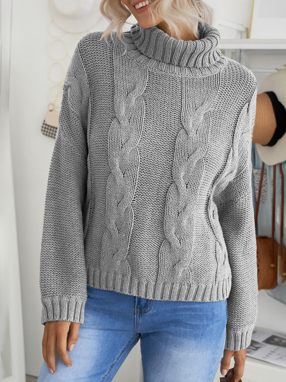 Cable-Knit Turtleneck Dropped Shoulder Sweater