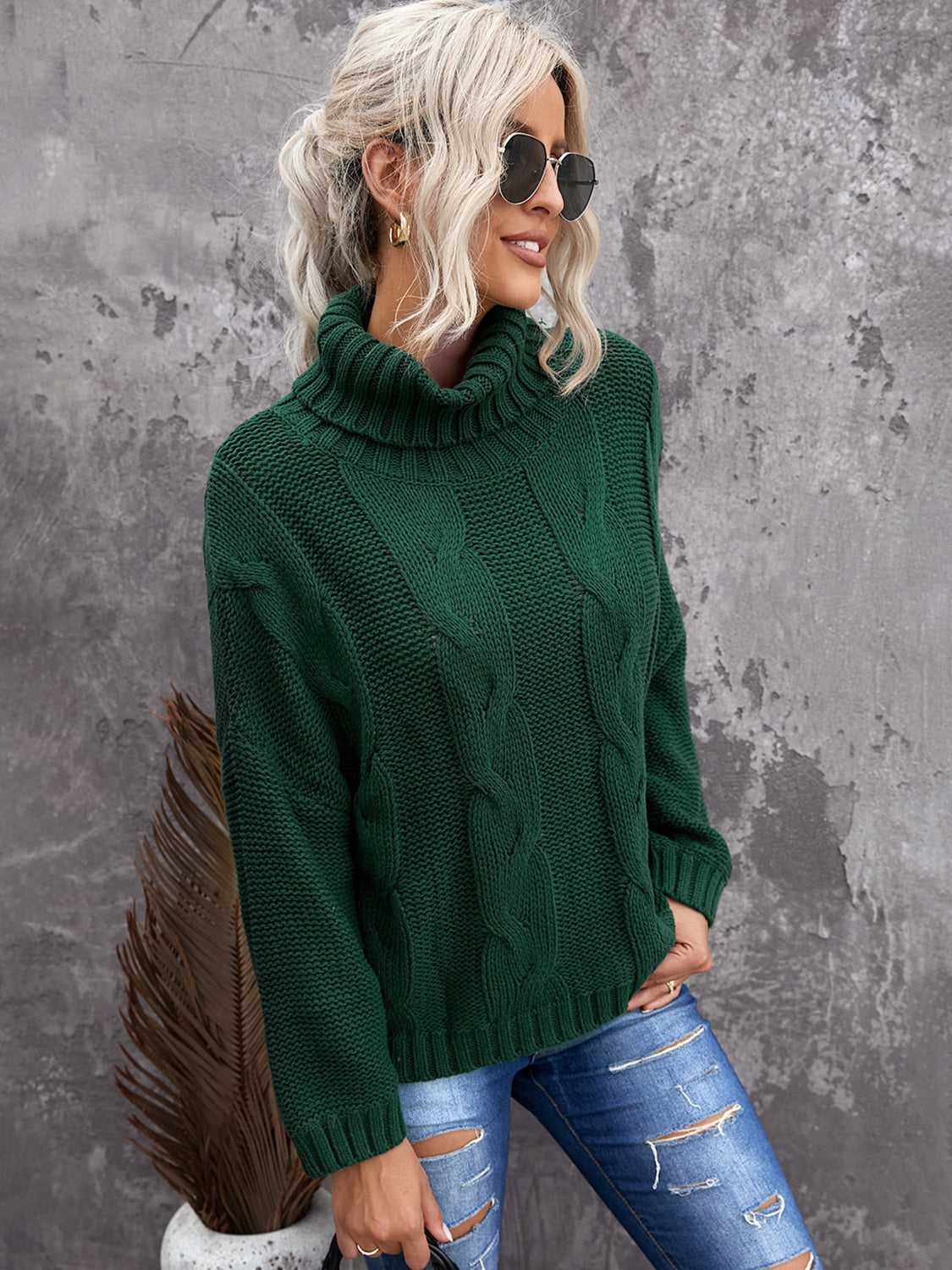 Cable-Knit Turtleneck Dropped Shoulder Sweater