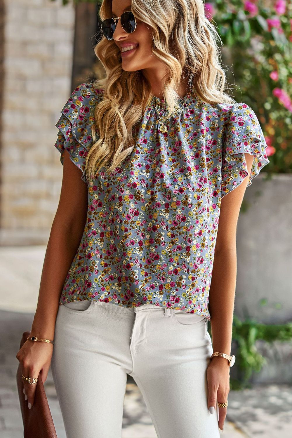 Floral Round Neck Flutter Sleeve Blouse