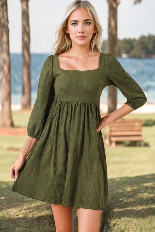 Square Neck Three-Quater Sleeve Mini Dress