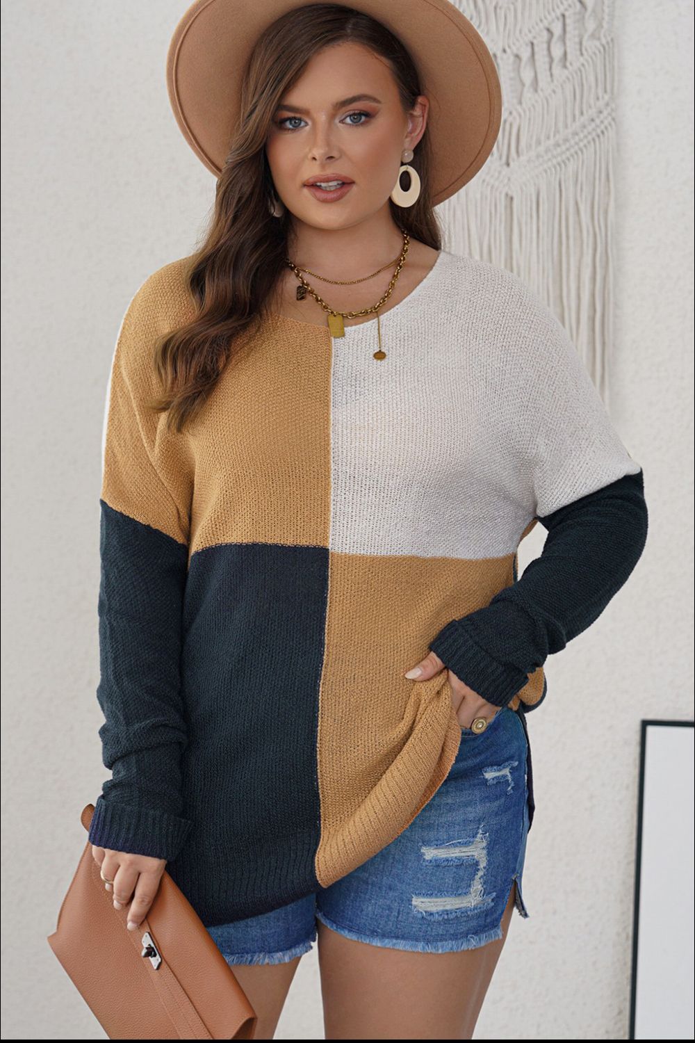 Plus Size Color Block Round Neck Sweater