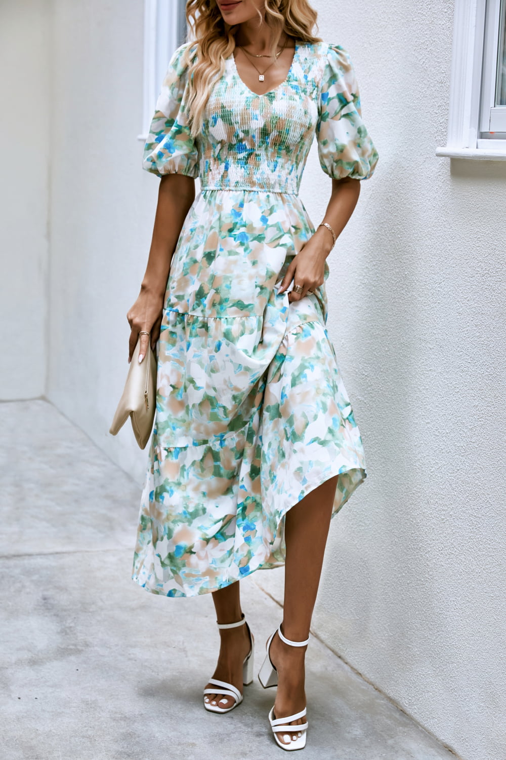 V-Neck Balloon Sleeve Smocked Midi Dress