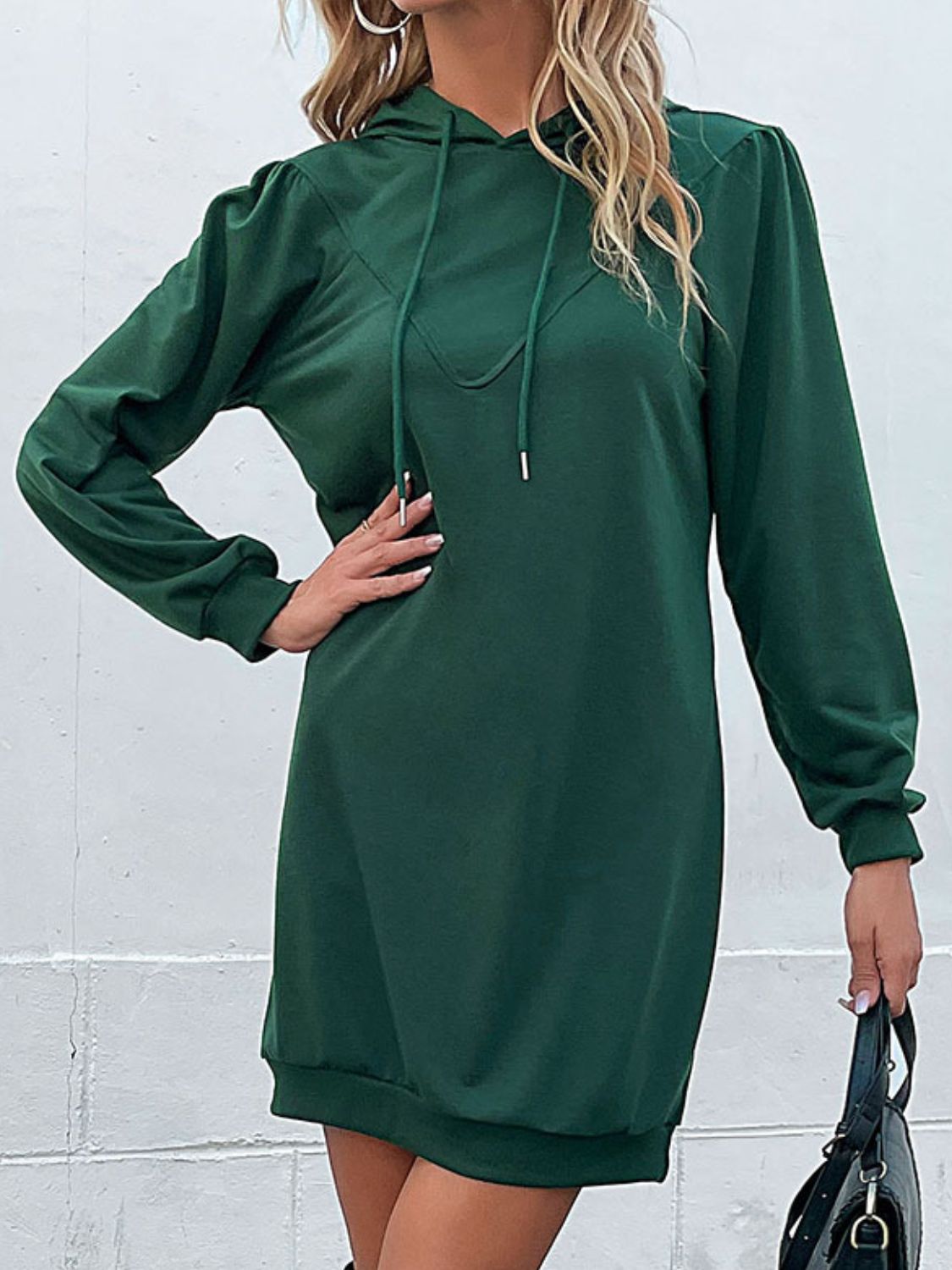 Drawstring Puff Sleeve Hooded Dress