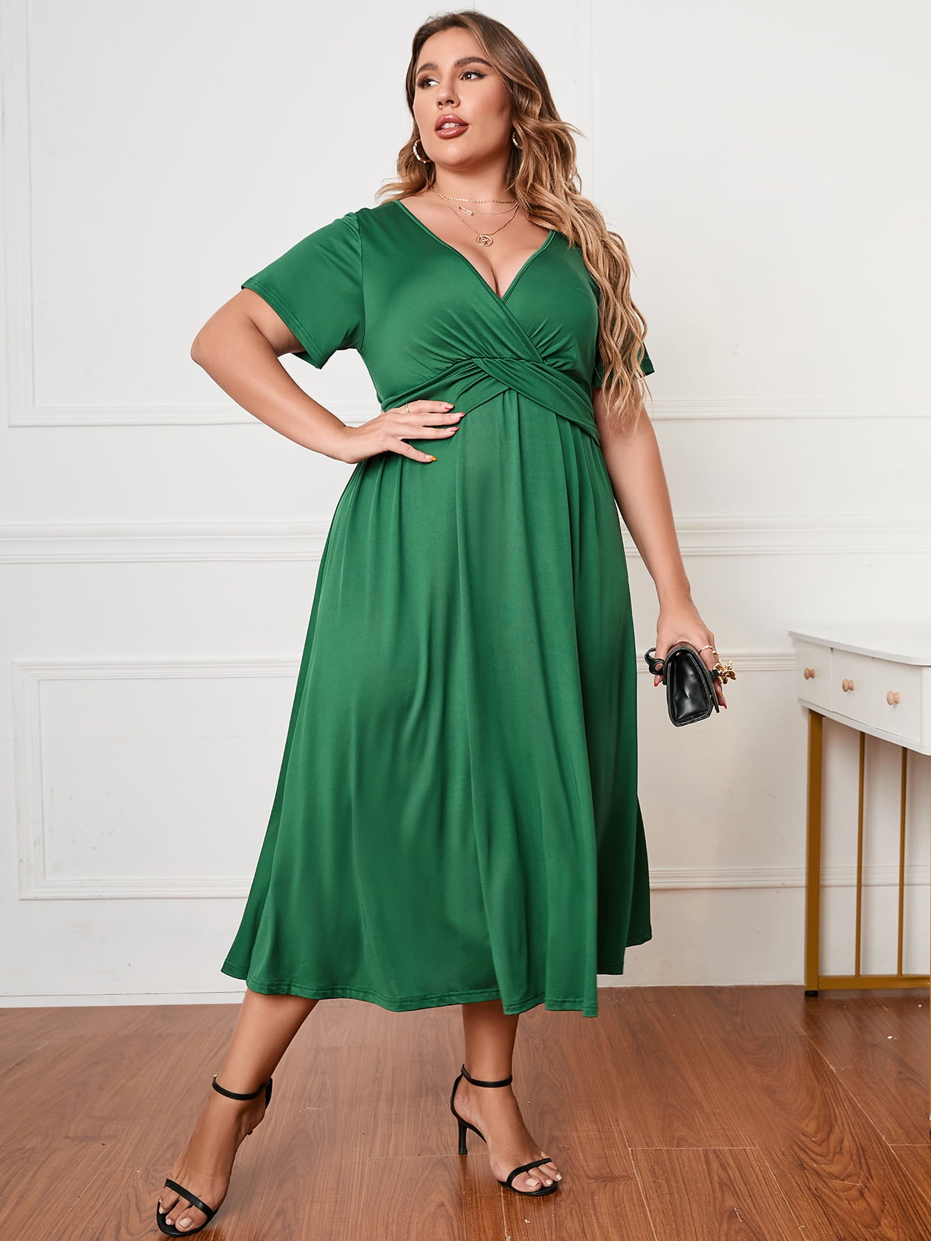 Plus Size Short Sleeve Surplice Neck Midi Dress