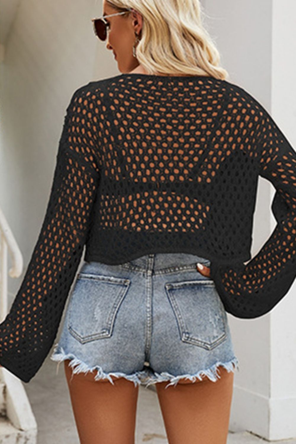 Openwork Round Neck Dropped Shoulder Knit Top