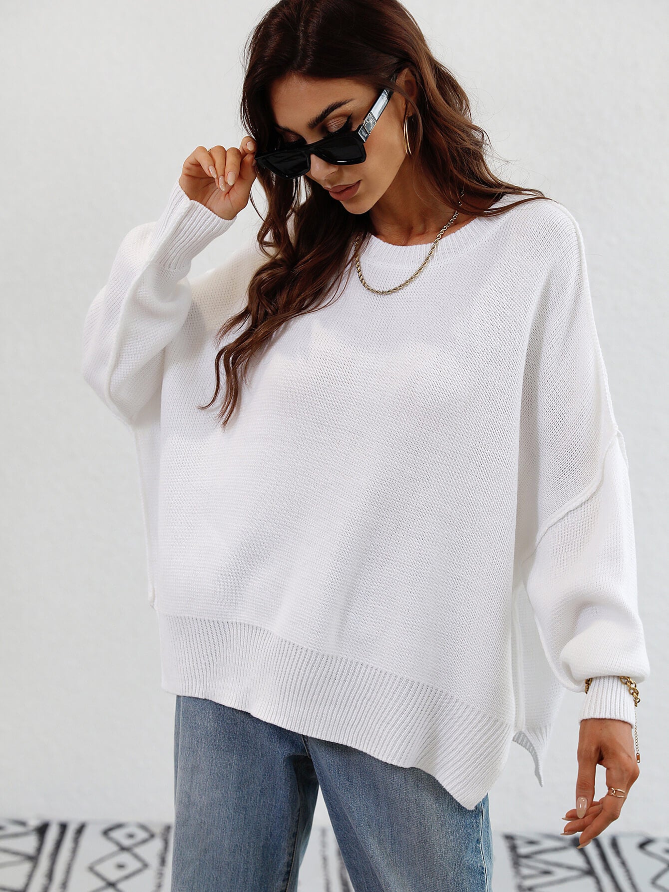 Exposed Seam Dropped Shoulder Slit Sweater