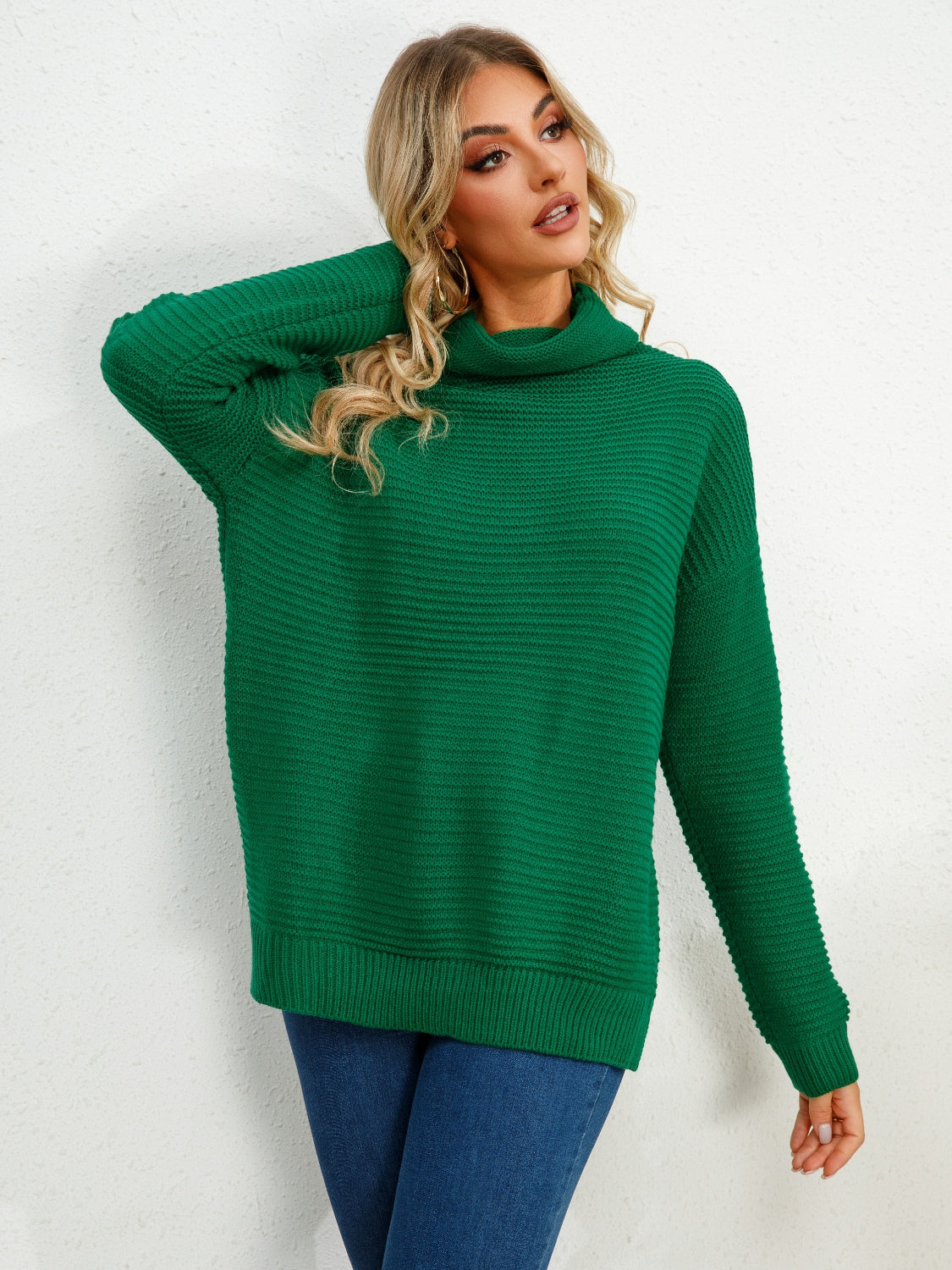 Slit Turtleneck Dropped Shoulder Sweater