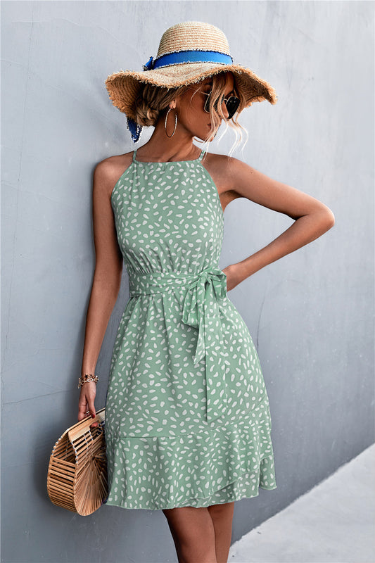 Printed Tie Waist Ruffle Hem Sleeveless Dress