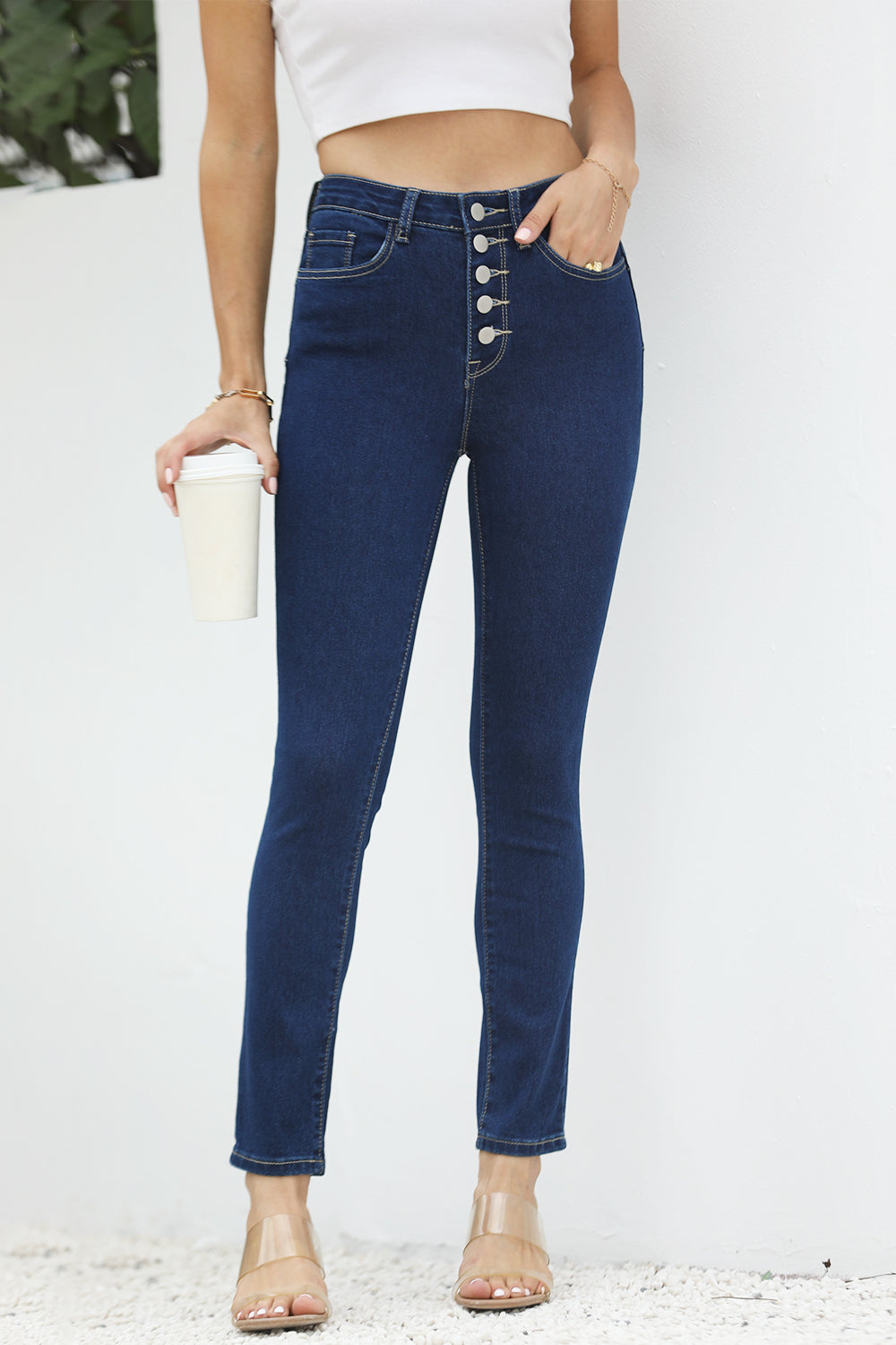 High Waist Button-Fly Slim Jeans